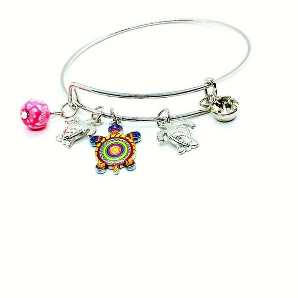 Beaded Sea Turtle Charm Colorful Bangle Bracelet - Picture 4 of 5